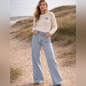 Flamingals light wash stretchy drawstring wide leg jeans size L FG9-14